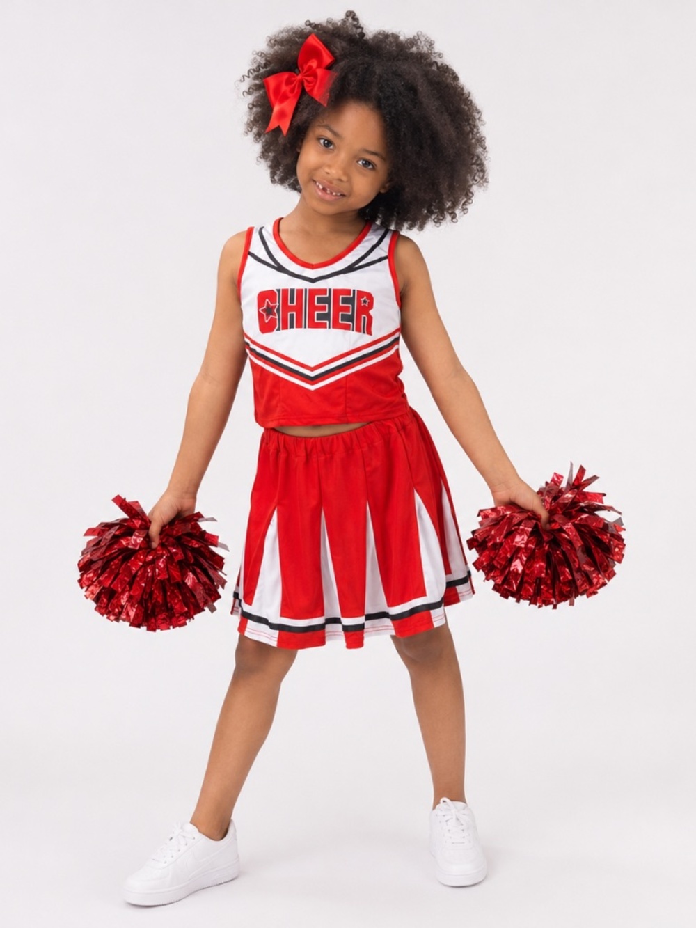 Girls Red Cheerleader Costume Size 7-8 Cheer Uniform Pom Poms Bow